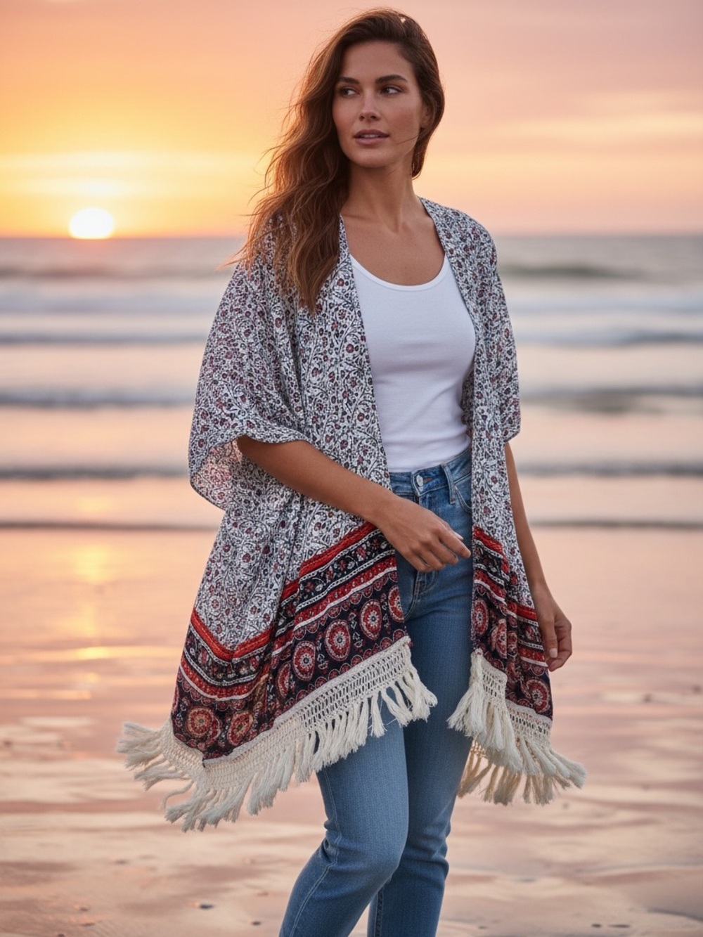 Eyeful Printed Fringe Kimono Cardigan Open Front Boho Size [One Size/OS]